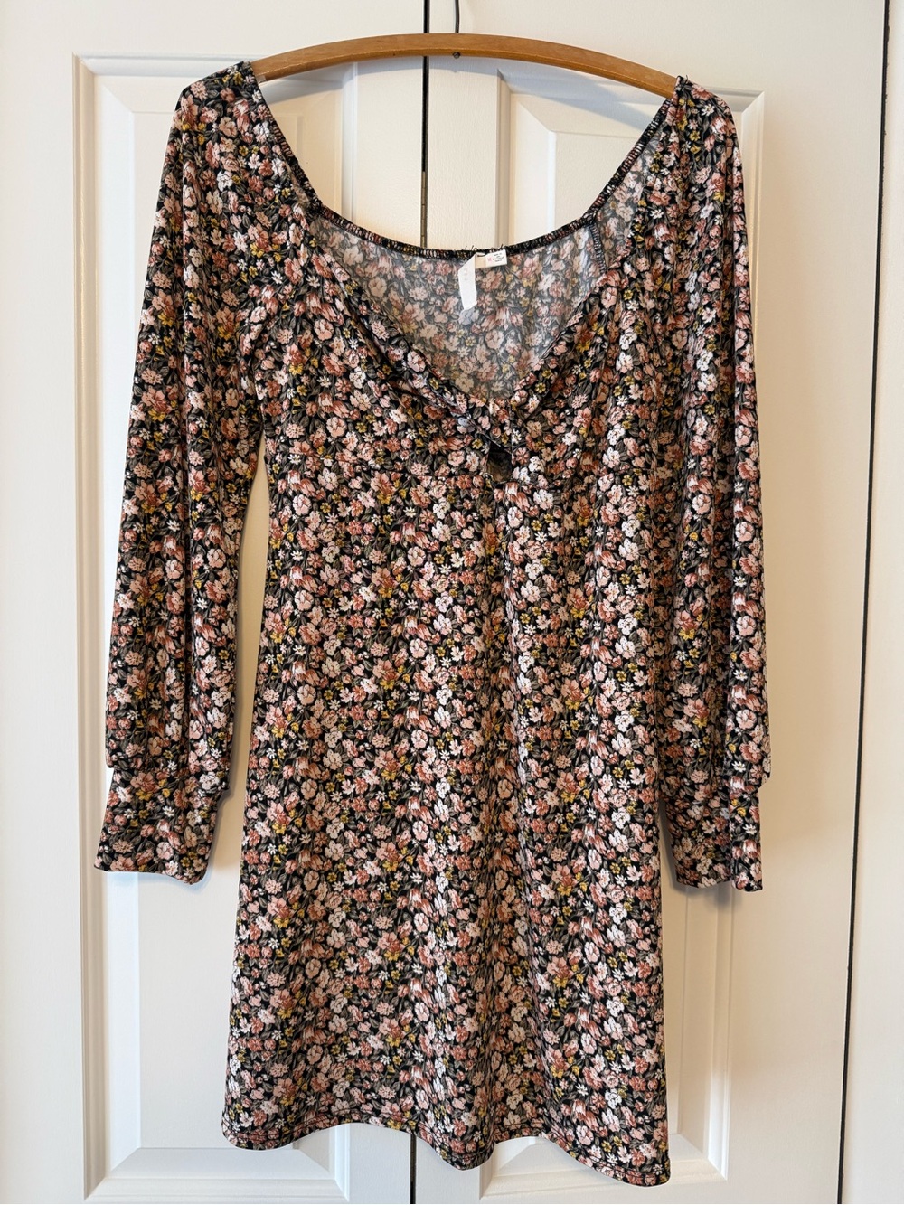 Lush Black Floral Long Sleeve Mini Dress with Pink and Cream Blossoms
